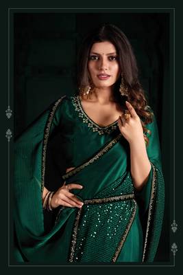 Green hand work sequins zarkan border chiffon silk saree 3