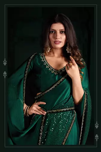Green hand work sequins zarkan border chiffon silk saree