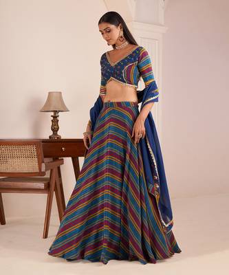 Blue Viscose Crepe Printed Lehenga Set 3