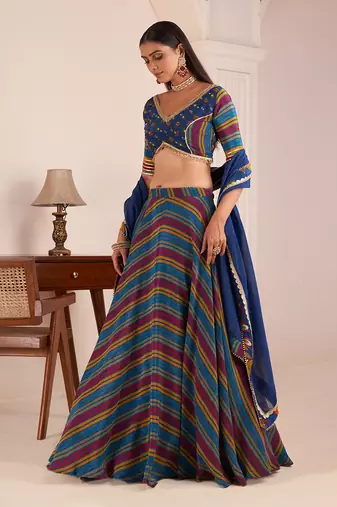 Blue Viscose Crepe Printed Lehenga Set