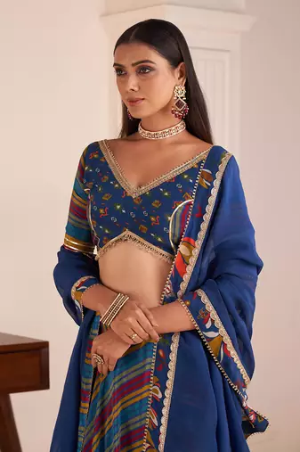 Blue Viscose Crepe Printed Lehenga Set