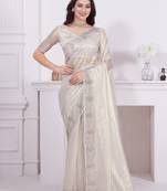 Silver heavy zarkan hand work embroidery net saree