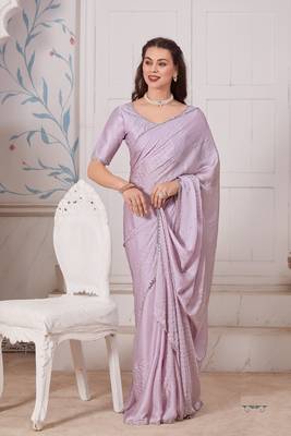Purple heavy zarkan hand work embroidery satin saree 1