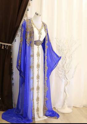 Grand Royal Blue Farasha Kaftan with Gold Zari Work | Dubai Style Event Dress 1