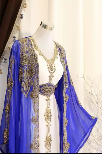 Grand Royal Blue Farasha Kaftan with Gold Zari Work | Dubai Style Event Dress
