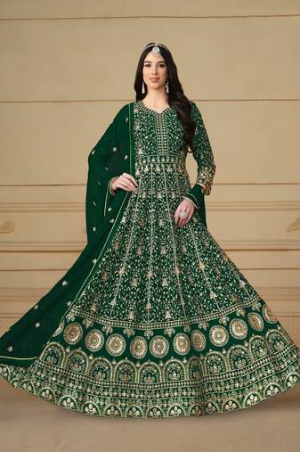 Green Embroidered Faux Georgette Semi_Stitched Semi_Stitched Party Wear Salwarsuit