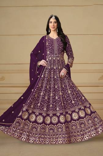 Purple Embroidered Faux Georgette Semi_Stitched Semi_Stitched Party Wear Salwarsuit