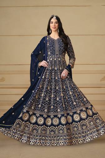 Blue Embroidered Faux Georgette Semi_Stitched Semi_Stitched Party Wear Salwarsuit