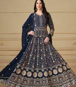Blue Embroidered Faux Georgette Semi_Stitched Semi_Stitched Party Wear Salwarsuit