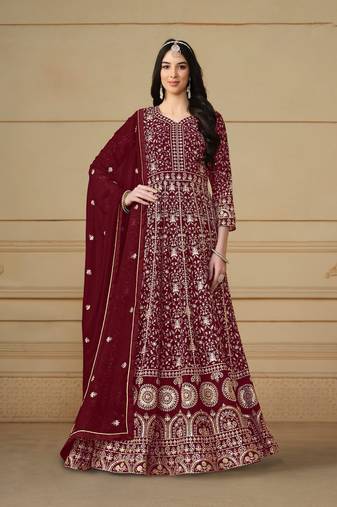 Maroon Embroidered Faux Georgette Semi_Stitched Semi_Stitched Party Wear Salwarsuit