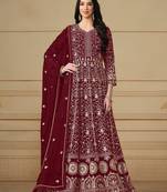 Maroon Embroidered Faux Georgette Semi_Stitched Semi_Stitched Party Wear Salwarsuit