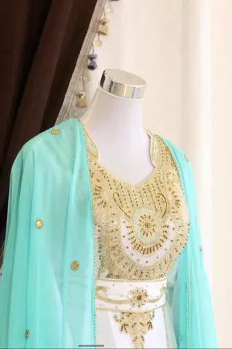 Sky-Blue & White Handcrafted Zari work Stitched Dress Georgette Kaftan Party Wear Wedding Dresses
