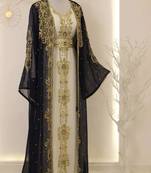 Grand Navy Blue & White Layered Kaftan with Golden Zari Work | Luxury Party & Event Wear