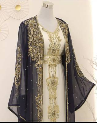 Grand Navy Blue & White Layered Kaftan with Golden Zari Work | Luxury Party & Event Wear 2