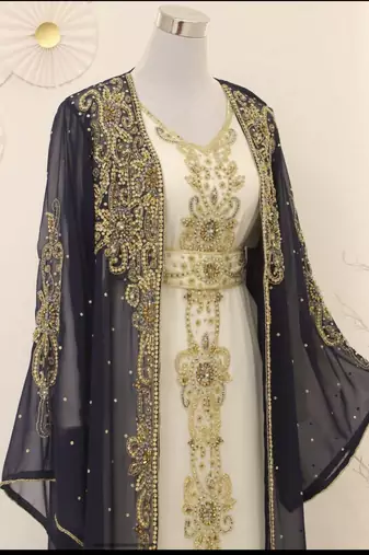 Grand Navy Blue & White Layered Kaftan with Golden Zari Work | Luxury Party & Event Wear