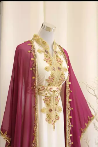 Rani-Pink & White Handcrafted Zari work Stitched Dress Georgette Kaftan Party Wear Wedding Dresses