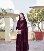 Wine Embroidered Georgette Semi_Stitched Semi_Stitched Party Wear Salwarsuit