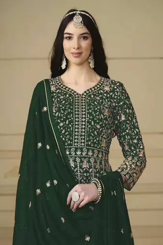 Dark green faux georgette heavy thread embroidery with sequis work salwar kameez