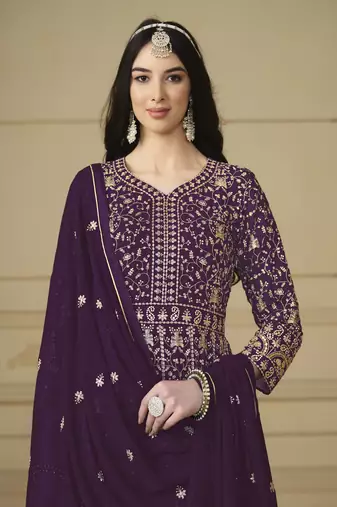 Purple faux georgette heavy thread embroidery with sequis work salwar kameez