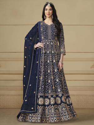 Navy blue faux georgette heavy thread embroidery with sequis work salwar kameez 1