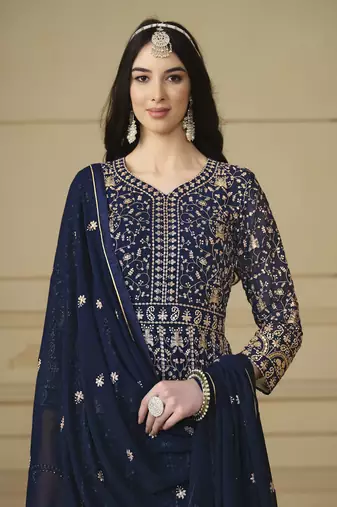 Navy blue faux georgette heavy thread embroidery with sequis work salwar kameez