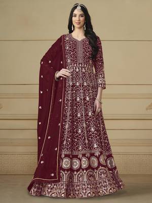 Maroon faux georgette heavy thread embroidery with sequis work salwar kameez 1