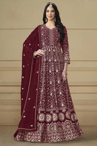 Maroon faux georgette heavy thread embroidery with sequis work salwar kameez