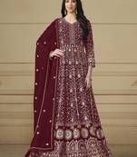 Maroon faux georgette heavy thread embroidery with sequis work salwar kameez