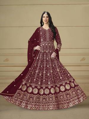 Maroon faux georgette heavy thread embroidery with sequis work salwar kameez 2