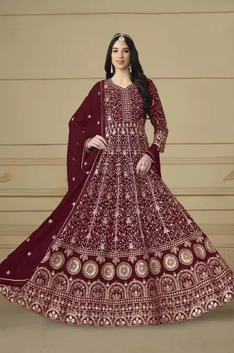 Maroon faux georgette heavy thread embroidery with sequis work salwar kameez