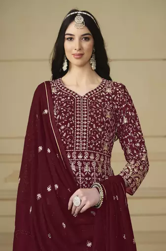Maroon faux georgette heavy thread embroidery with sequis work salwar kameez