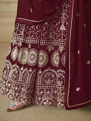 Maroon faux georgette heavy thread embroidery with sequis work salwar kameez 4