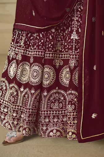 Maroon faux georgette heavy thread embroidery with sequis work salwar kameez