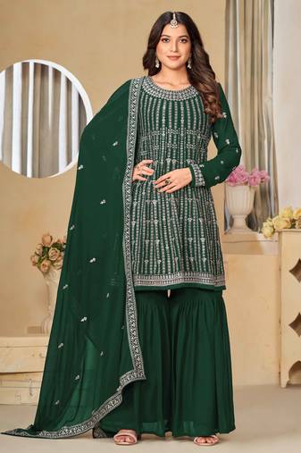 Dark green faux georgette heavy thread embroidery with sequis work salwar kameez