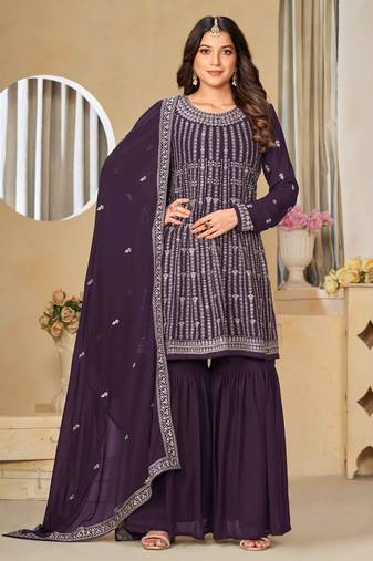 Purple faux georgette heavy thread embroidery with sequis work salwar kameez