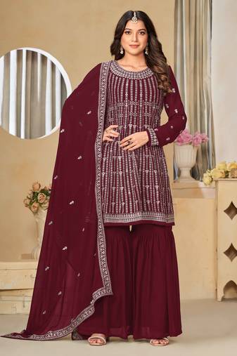 Maroon faux georgette heavy thread embroidery with sequis work salwar kameez