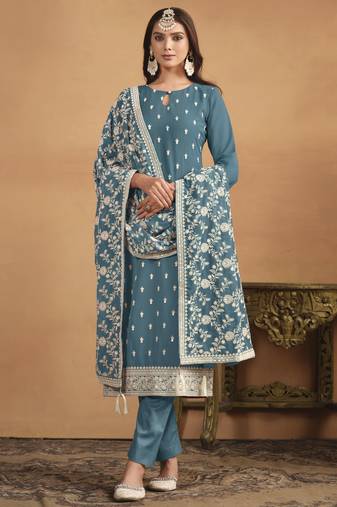 Teal blue faux georgette heavy thread embroidery with sequis work salwar kameez