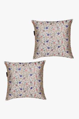 Mezposh cream & multi floral embroidered faux silk cushion covers (16"x16") set of 2 2
