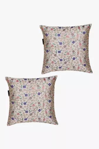 Mezposh cream & multi floral embroidered faux silk cushion covers (16"x16") set of 2