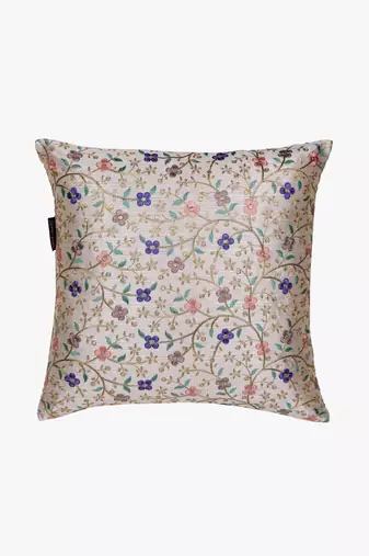Mezposh cream & multi floral embroidered faux silk cushion covers (16"x16") set of 2