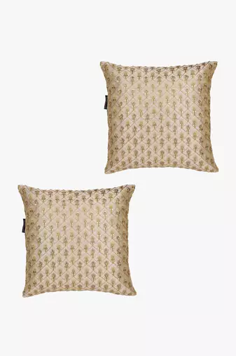 Mezposh beige & gold embroidered faux silk cushion covers (16"x16") set of 2