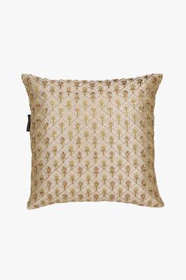 Mezposh beige & gold embroidered faux silk cushion covers (16"x16") set of 2 3