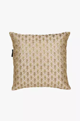 Mezposh beige & gold embroidered faux silk cushion covers (16"x16") set of 2