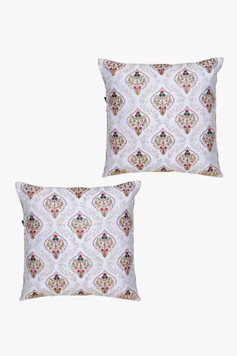 Mezposh white, gold & multi damask embroidered faux silk cushion covers (16"x16") set of 2
