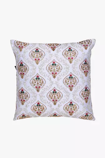 Mezposh white, gold & multi damask embroidered faux silk cushion covers (16"x16") set of 2