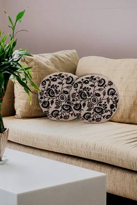 Mezposh beige & black floral embroidered chambray canvas cushion covers (16 inch dia) set of 2 1