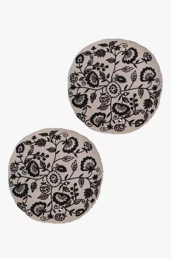 Mezposh beige & black floral embroidered chambray canvas cushion covers (16 inch dia) set of 2