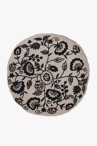 Mezposh beige & black floral embroidered chambray canvas cushion covers (16 inch dia) set of 2