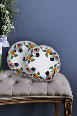 Mezposh white & multi floral embroidered cotton canvas cushion covers (16 inch dia) set of 2 1