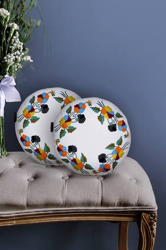 Mezposh white & multi floral embroidered cotton canvas cushion covers (16 inch dia) set of 2